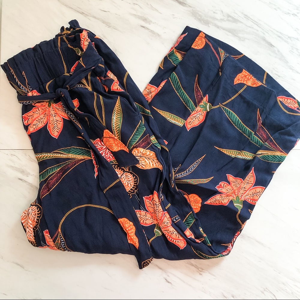 LOFT Navy and Orange Floral Wide Leg Pants